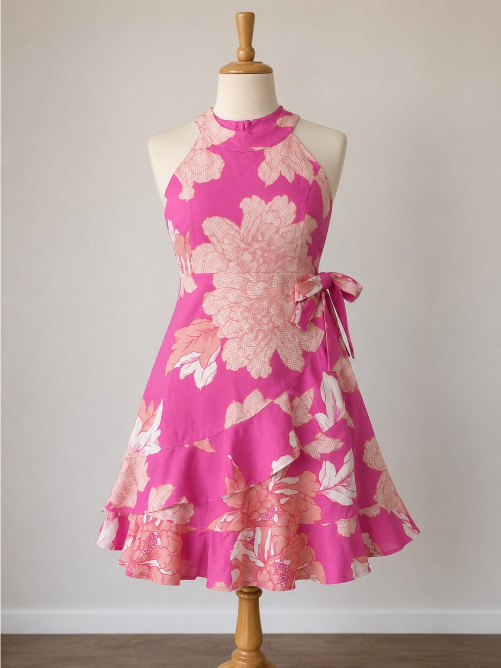 Emerald Sundae Pink Floral Halter Dress with Side Bow Size 16